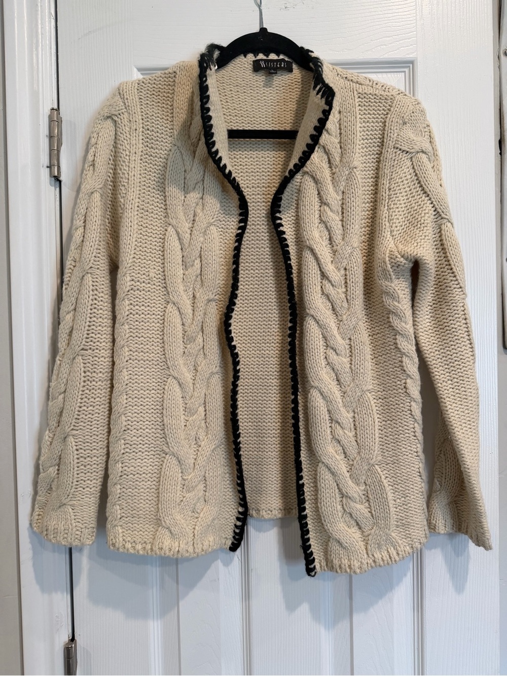 Whistles Cream Cable Knit Cardigan with Black Trim Detailing